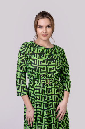 Rochie office verde praz cu imprimeu geometric negru si cordon in talie [3]