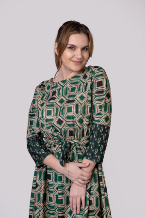 Rochie office verde smarald cu imprimeuri geometrice crem si cordon in talie [3]