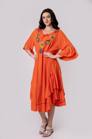 Rochii - Rochie orange boho chic cu romburi si ciucuri