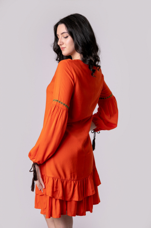 Rochie orange boho chic cu volane si maneca lunga [3]