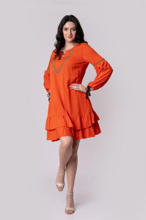 Rochie orange boho chic cu volane si maneca lunga [0]