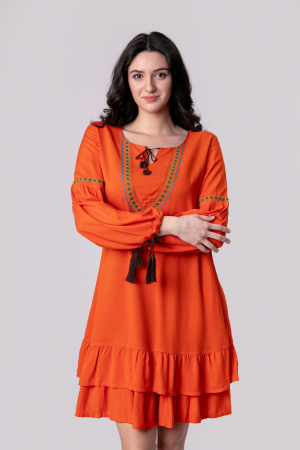 Rochie orange boho chic cu volane si maneca lunga [2]