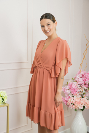 Rochie orange piersica cu volane si maneci fluture [2]
