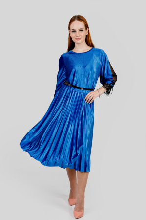 Rochie plisata albastra din catifea cu dantela si curea in talie [0]