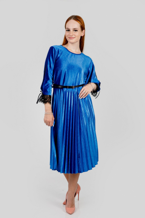 Rochie plisata albastra din catifea cu dantela si curea in talie [3]