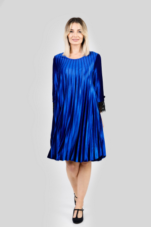 Rochie plisata albastru regal din catifea cu insertie de dantela [3]