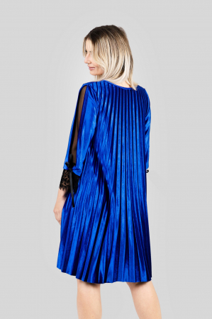 Rochie plisata albastru regal din catifea cu insertie de dantela [2]