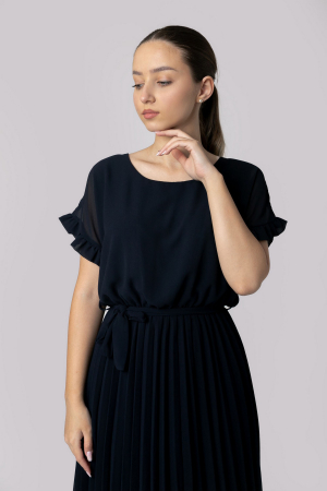 Rochie plisata bleumarin cu cordon in talie [1]