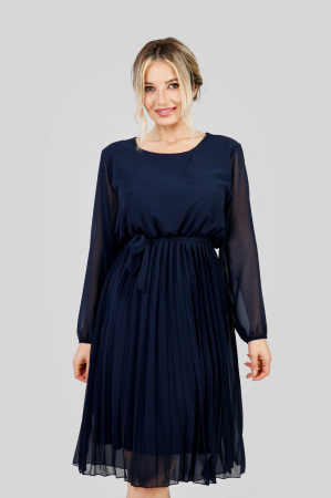 Rochie plisata bleumarin cu cordon in talie si maneca lunga [2]