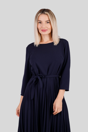 Rochie plisata bleumarin cu maneci trei sferturi si cordon in talie [1]