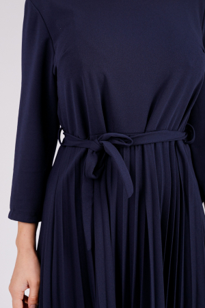 Rochie plisata bleumarin cu maneci trei sferturi si cordon in talie [2]