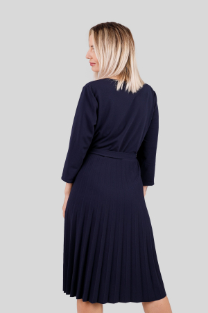Rochie plisata bleumarin cu maneci trei sferturi si cordon in talie [3]