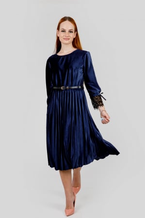 Rochii - Rochie plisata bleumarin din catifea cu dantela si curea in talie