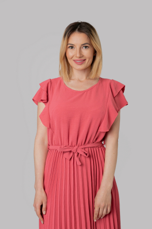 Rochie plisata corai cu volane pe maneci [1]