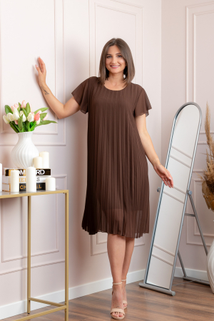 Rochie plisata Elisa cu maneci fluture - Maro [2]