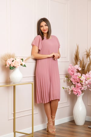 Rochie plisata Elisa cu maneci fluture - Roz pudrat [2]