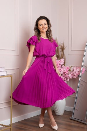 Rochie plisata fuchsia cu volane pe maneci [4]