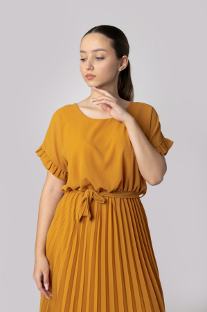 Rochie plisata galben mustar cu cordon in talie [1]