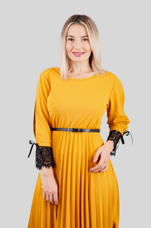 Rochie plisata galbena cu dantela si curea in talie [1]