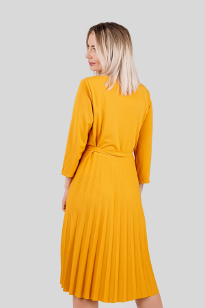 Rochie plisata galben mustar cu maneci trei sferturi si cordon in talie [3]