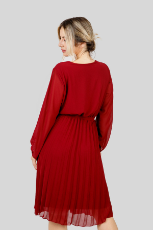 Rochie plisata grena cu cordon in talie si maneca lunga [3]