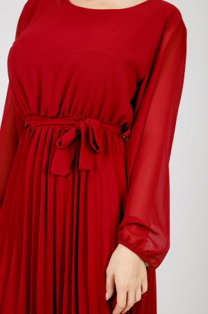 Rochie plisata grena cu cordon in talie si maneca lunga [1]