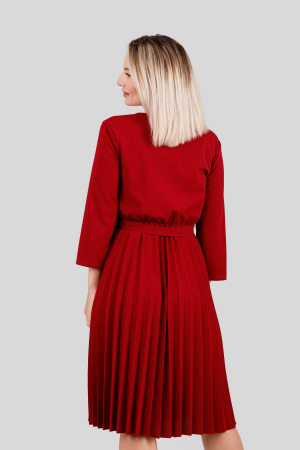 Rochie plisata grena cu maneci trei sferturi si cordon in talie [3]
