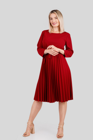 Rochie plisata grena cu maneci trei sferturi si cordon in talie [4]