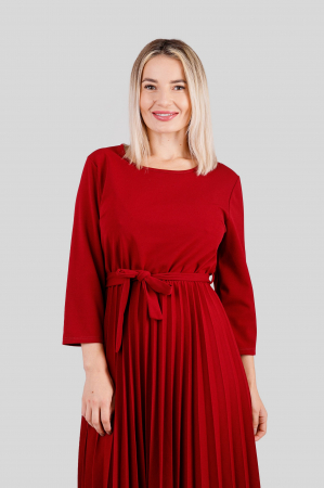 Rochie plisata grena cu maneci trei sferturi si cordon in talie [1]