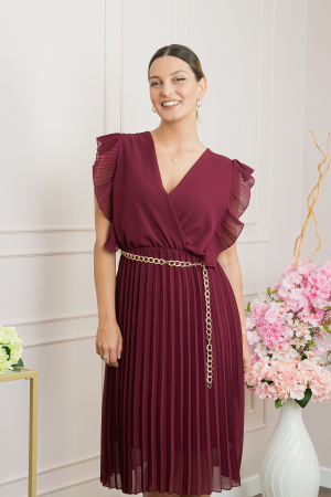 Rochie plisata grena cu volane si lantisor decorativ in talie [2]