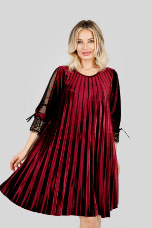 Rochie plisata grena din catifea cu insertie de dantela [2]