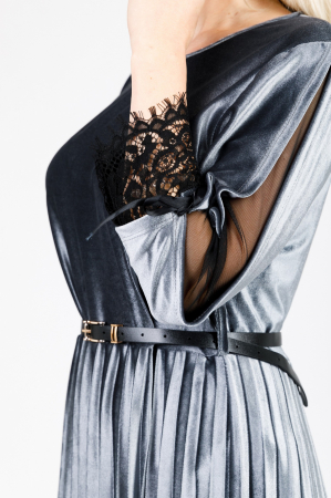 Rochie plisata gri din catifea cu dantela si curea in talie [1]
