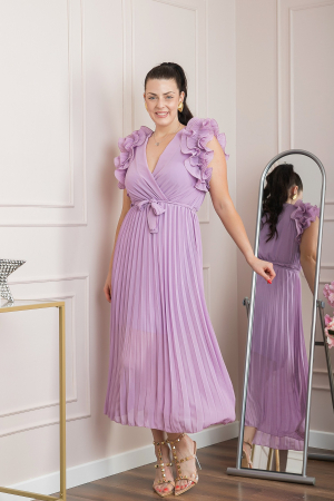 Rochie plisata lila cu volane si cordon in talie [3]