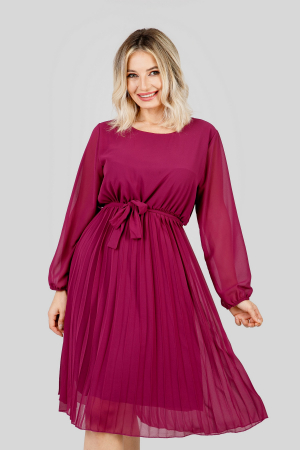Rochie plisata magenta cu cordon in talie si maneca lunga [2]