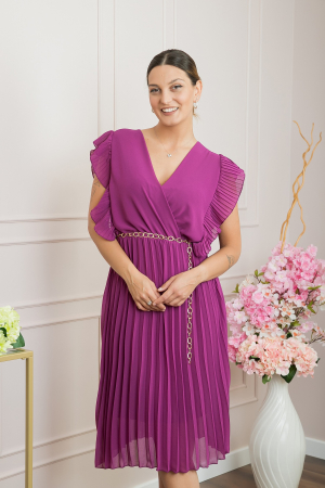Rochie plisata mov cu volane si lantisor decorativ in talie [2]