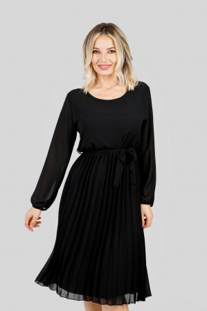 Rochie plisata neagra cu cordon in talie si maneca lunga [2]