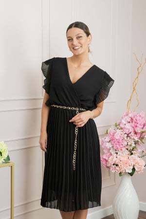 Rochie plisata neagra cu volane si lantisor decorativ in talie [2]
