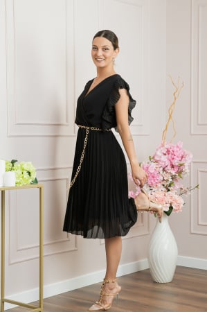 Rochie plisata neagra cu volane si lantisor decorativ in talie [3]