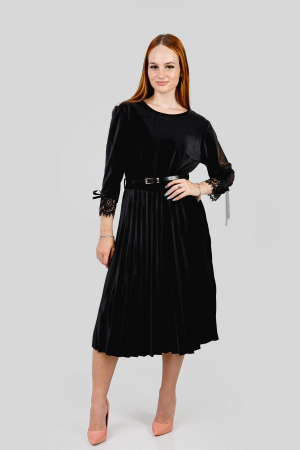 Rochie plisata neagra din catifea cu dantela si curea in talie [3]