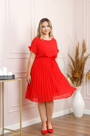 Rochii - Rochie plisata rosie cu cordon in talie