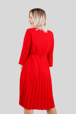 Rochie plisata rosie cu maneci trei sferturi si cordon in talie [3]