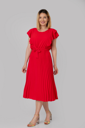 Rochii - Rochie plisata rosie cu volane pe maneci