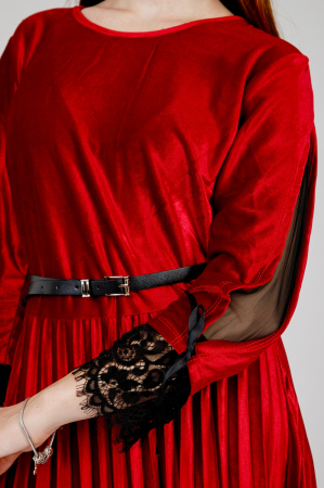 Rochie plisata rosie din catifea cu dantela si curea in talie [1]