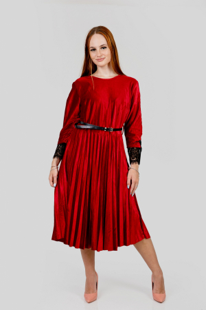 Rochie plisata rosie din catifea cu dantela si curea in talie [3]