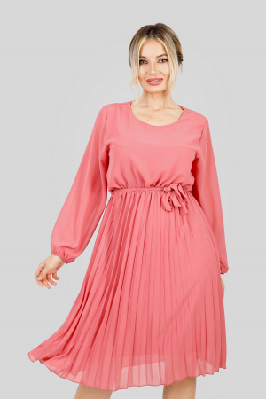 Rochie plisata roz somon cu cordon in talie si maneca lunga [2]