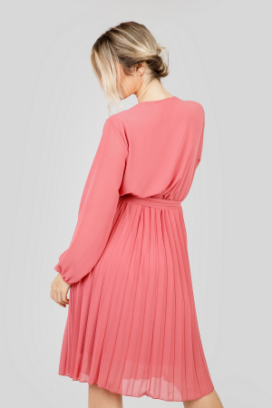 Rochie plisata roz somon cu cordon in talie si maneca lunga [3]