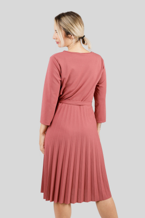 Rochie plisata roz somon cu maneci trei sferturi si cordon in talie [3]