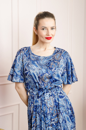 Rochie plisata satinata albastra cu imprimeuri mandala [2]