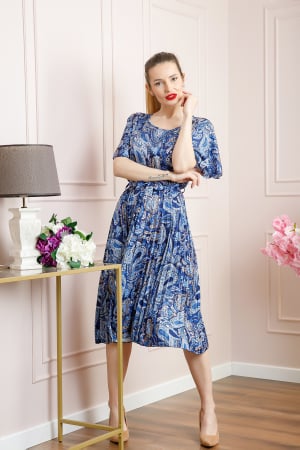 Rochie plisata satinata albastra cu imprimeuri mandala [3]