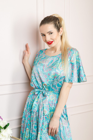 Rochie plisata satinata bleu cu imprimeuri mandala [2]